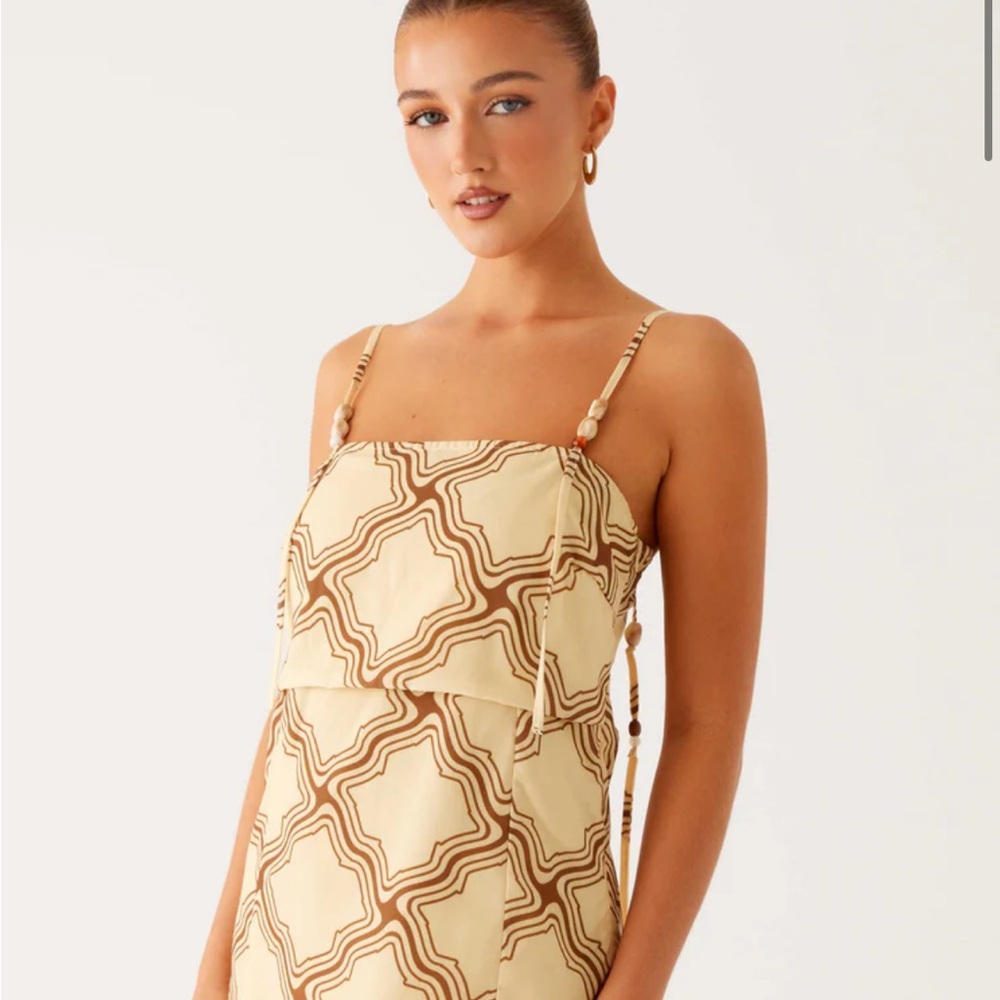 Peppermayo Cream Slip Dress with Brown Swirl Print